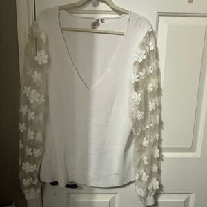 Nola White Blouse with Floral Mesh Sleeves